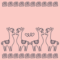 Vector design for greeting cards, invitations, posters, space for text . Couples in love alpacas, hearts, Greek ornament. Suitable for Valentine's Day, birthday, party