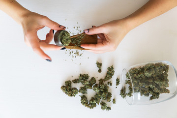 Marijuana use concept. Woman rolling a marijuana joint on white background. Close up of marijuana...