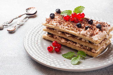 Cottage cheese dessert of crispy dietary bread, curd and blueberries with red currants. Selective focus.