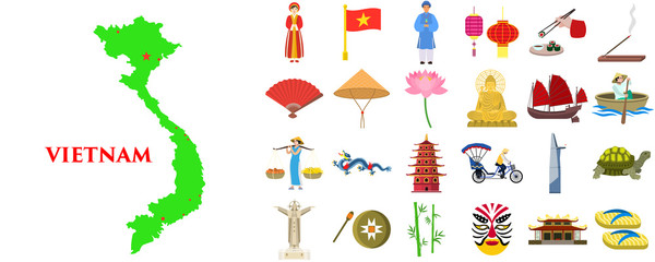 Vietnam icons set. Flat set of vietnam vector icons for web design - obrazy, fototapety, plakaty