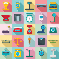 Weigh scales icons set. Flat set of weigh scales vector icons for web design