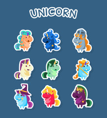 Funny Cartoon Magic Unicorns Stickers Set, Fashion Patch Badges with Cute Fantasy Animals on Blue Bacground Vector Illustration,