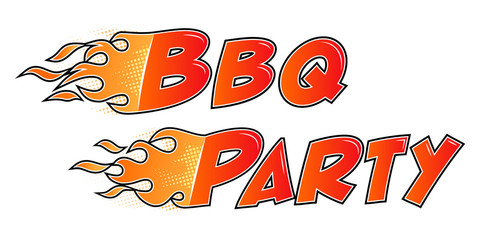 Burning lettering BBQ Party. Flame letters flat style isolated on white background. Vector illustration.