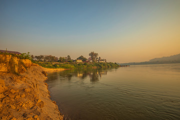 Beautiful sunrise on Mekong river at Chiang Khan, border of Thailand and Laos, Loei province,Thailand.