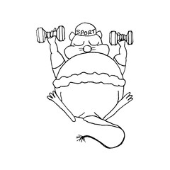 Fat mouse in spring making exercises with dumbbells. Animal symbol of Chinese New Year 2020. Monochrome sketch, hand drawing. Black outline on white background. Vector illustration