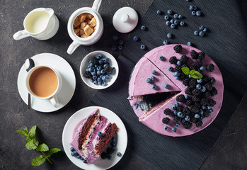 Obraz na płótnie Canvas blueberry and blackberry sponge cake, top view