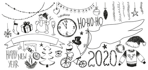 Doodle new year set. Happy New Year 2020. Objects, symbols, icons, elements, line drawing. New Year s sketch. 2020 year of the rat. Stock vector illustration.