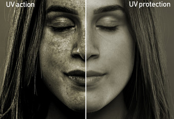 A split screen showing the results of sun rays on the soft face of a girl in her early twenties....