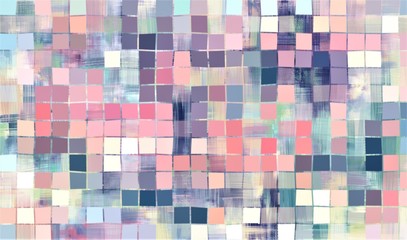 Colorful abstract artwork. Vibrant dirty art mosaic fabric with bright turquoise and pink accents. Square mesh background