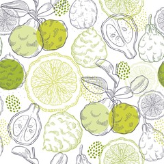 Hand drawn bergamot fruit.  Vector  seamless pattern.