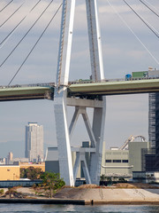 A cable-stayed bridge called tempozan bridge across the Aji River in Osaka Japan. View to one of the pylon.