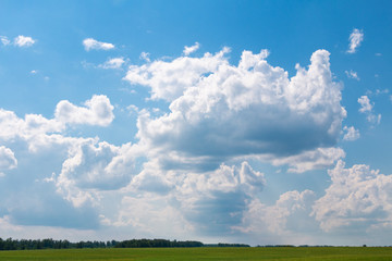 The sky with fluffy clouds in Sunny weather over green a glade