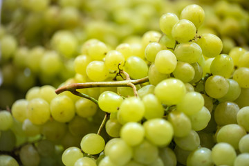 Green grapes and purple grapes in baskets for sale at fresh market , Fruits and vegetables in a display