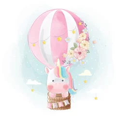 Stickers pour porte Chambre de bébé Licorne arc-en-ciel volant avec ballon
