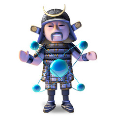 Clever Japanese samurai warrior in 3d inspects a nuclear atom, 3d illustration