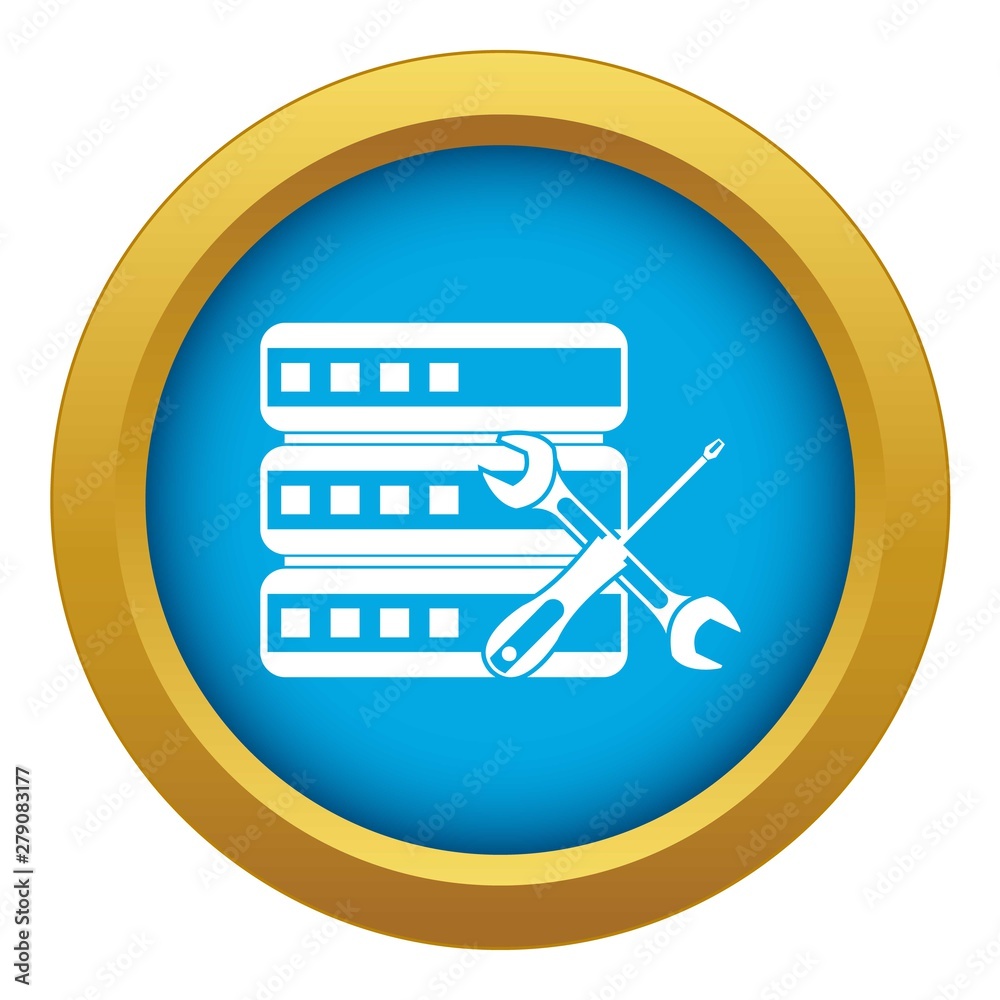Poster database with screwdriver and spanner icon blue vector isolated on white background for any design