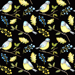 Watercolor Seamless pattern with Bird BlueTit sitting on the oak Branch, isolated on white background.