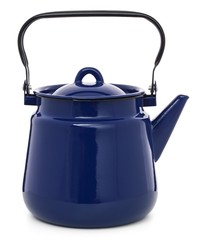 Blue retro enameled kettle on a white background.