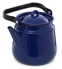 Blue retro enameled kettle on a white background.