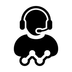 Stock market icon vector male customer care data support person profile avatar with headphone and line graph for online assistant in glyph pictogram illustration