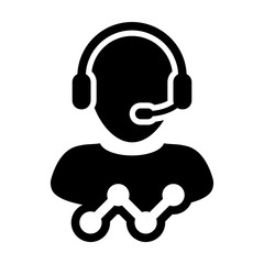 Service icon vector male customer care data support person profile avatar with headphone and line graph for online assistant in glyph pictogram illustration