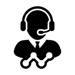 Customer experience icon vector male data support service person profile avatar with headphone and line graph for online assistant in glyph pictogram illustration