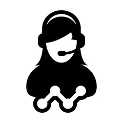 Customer helpline icon vector female data support service person profile avatar with headphone and line graph for online assistant in glyph pictogram illustration