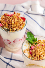 Homemade healthy yogurt with muesli and blueberries