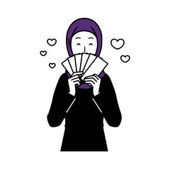 Islamic woman making money, upper body illustration.