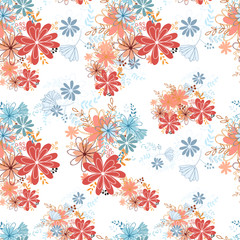 Seamless pattern clear shaped flowers mixed bouguet. Simple flowers in bouguets