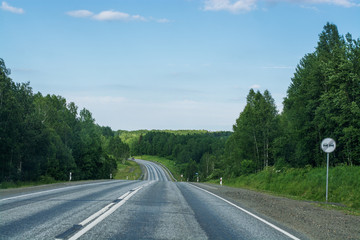 Asphalt road going through the forest on a summer sunny day. Around the green trees and Christmas trees. Clear blue sky