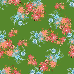 Seamless pattern clear shaped flowers mixed bouguet. Simple flowers in bouguets