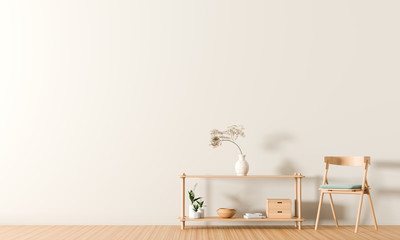 Empty wall in scandinavian style interior with wooden furnitures. Minimalist interior design. 3D illustration.