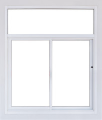 Modern clean pvc window isolated on white background with blank concrete wall, real empty large plastic frame pane of office see through view