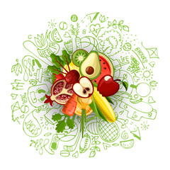 Healthy lifestyle concept with sport and healthy diet doodles and icons - sport, food, happy and normal sleep icons around fresh, juicy fruits on white background. Healty diet and sport concept