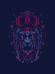 king of lion with dark crown and sacred geometry pattern as the background