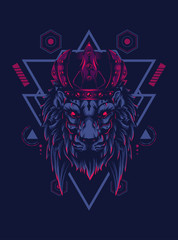 king of lion with dark crown and sacred geometry pattern as the background