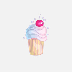Cute cartoon little princess cupcake illustration with cherry. Cream pink, cherry cake for little princess. Cute cupcake icon isolated. Cartoon cupcake with cherry