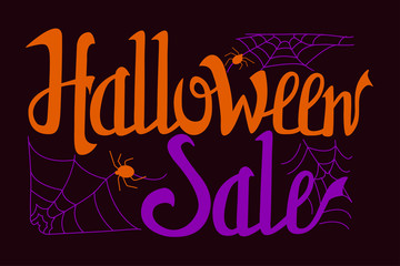 Halloween sale illustration. Poster with spider, spiderweb and lettering. Hand drawn lettering composition. Vector Illustration. Trick or Treat Concept.