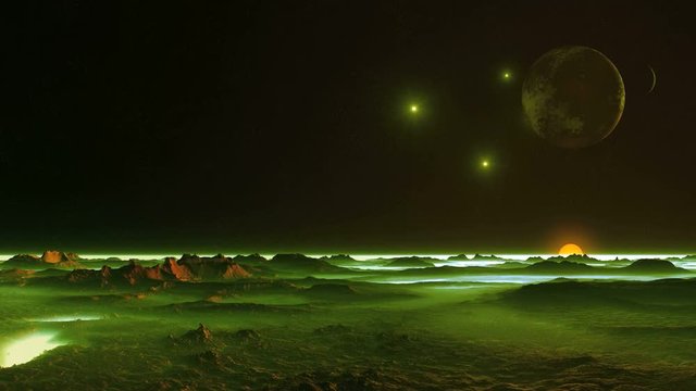 Two Moons and Falling Stars (UFO). In the dark starry sky two moons and bright glowing objects (UFOs), flying over the surface of alien planet. A bright orange sun set in a thick white mist .