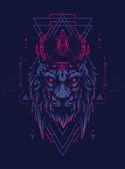 king of lion with dark crown and sacred geometry pattern as the background