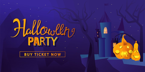 Halloween Party Design poster, with pumpkin, gloomy castle and lettering. Vector Illustration. Trick or Treat Concept.