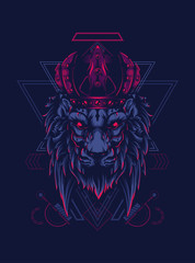 king of lion with dark crown and sacred geometry pattern as the background