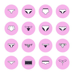 Lingerie flat line icons set. Panties types, woman underwear, bikini, string, hipsters underpants, swimwear bottom vector illustrations. Clothes store thin signs
