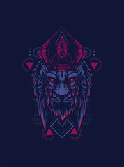 king of lion with dark crown and sacred geometry pattern as the background