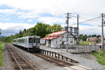 Fototapeta na wymiar Landscape with station and local train in Hokkaido, Japan