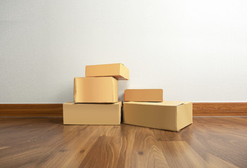 Parcel packaging boxes on home floor