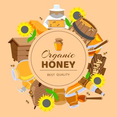 Honey cartoon colored frame with sunflower, cask, beehive, honeycomb and honeybees vector illustration. Organic honey poster.
