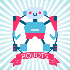 Robot toy vector illustration with banner on retro blue stripped background. Chatbot icon. Customer robotics support service in vintage style