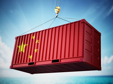 Cargo container with flag of China against blue sky. 3D illustration